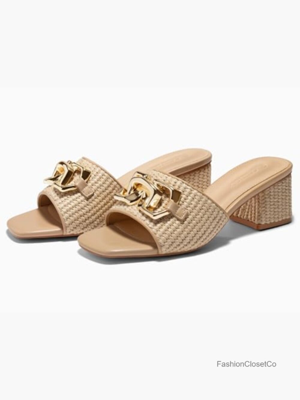 Womens Raffia Slide Sandals Chunky Block Heeled Square Open Toe Metal Chain - Picture 5 of 7